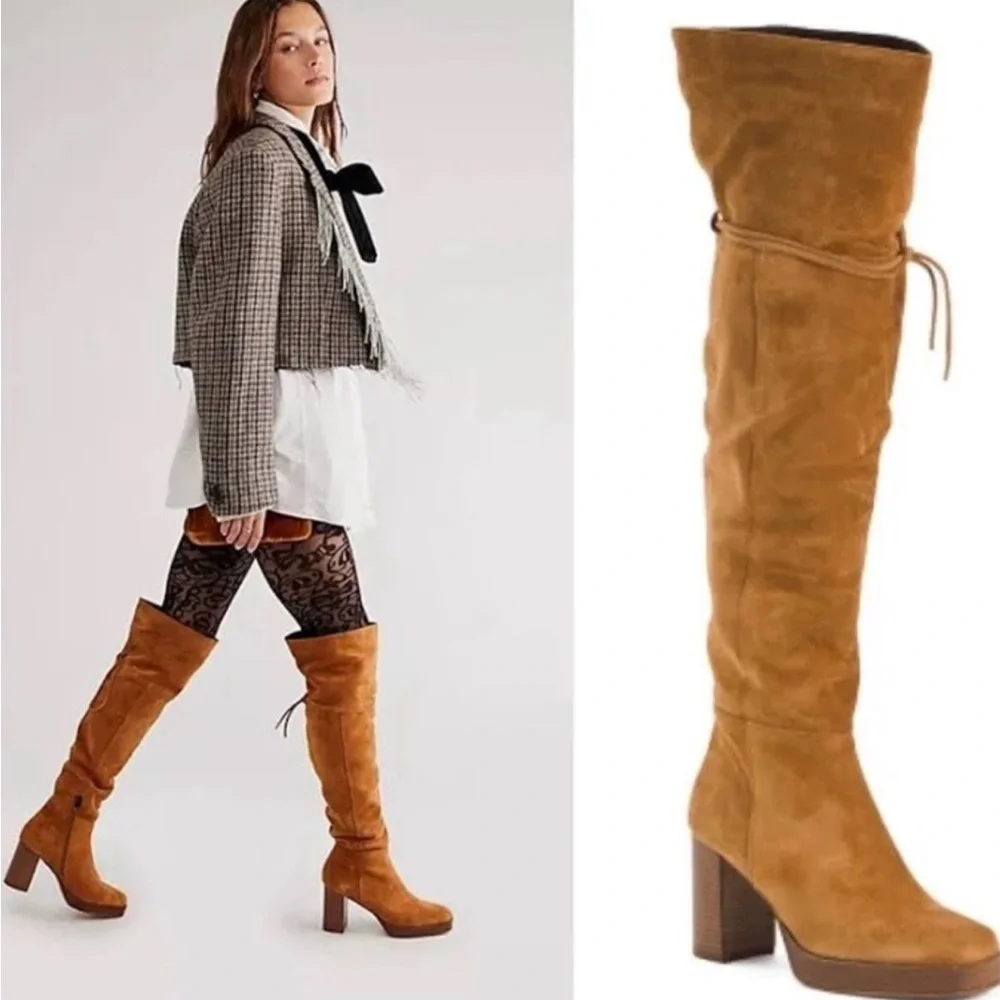 FREE PEOPLE Echo Platform Over the Knee Boot Tan Cognac Size 40 NWOB